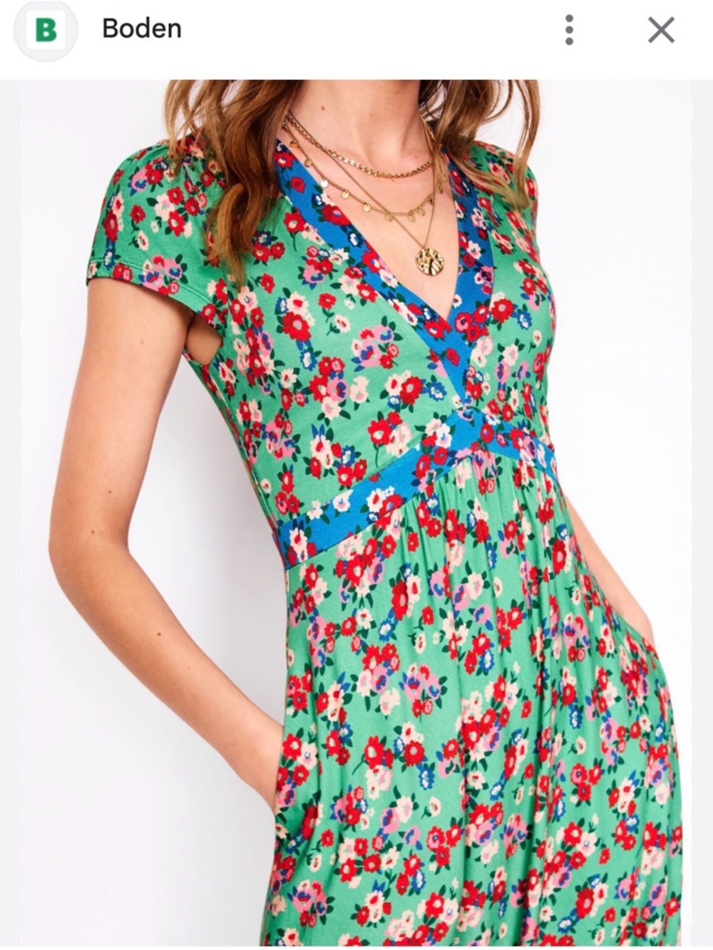 Boden Green Floral Maxi Dress with Blue Trim